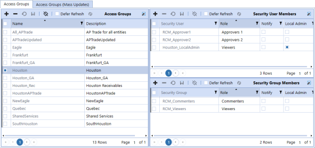 Access Groups displays the name and description of each group. Once selected, the security user and security group for that access group is also displayed.